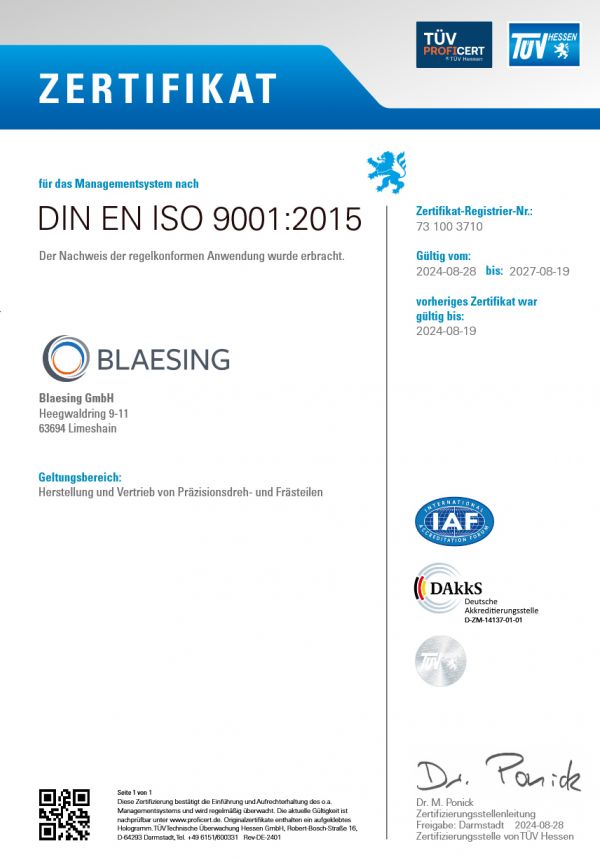 Zertifikat DIN EN ISO 9001:2015 Blaesing CNC GmbH in Limeshain